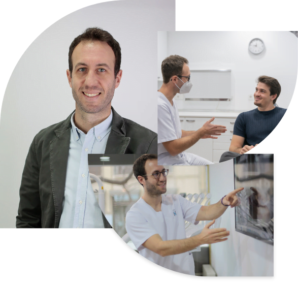 Mosaico de tres fotos, hombre con traje en fondo blanco, dentista hablando con un paciente y dentista señalando una radiografía