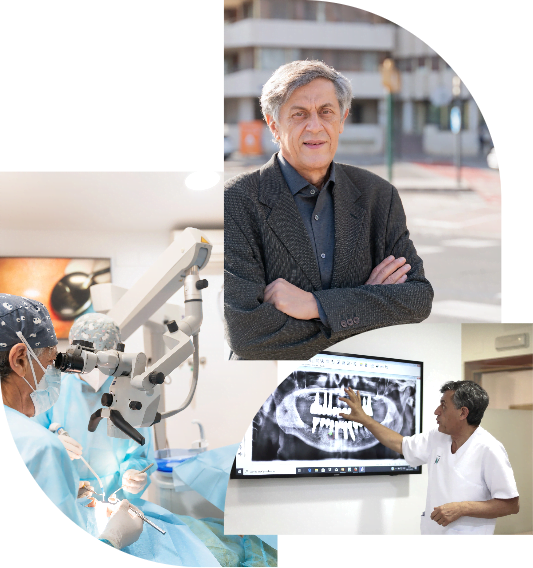 Mosaico de tres imágenes, hombre en traje, dentista realizando una operación y dentista señalando una radiografía dental